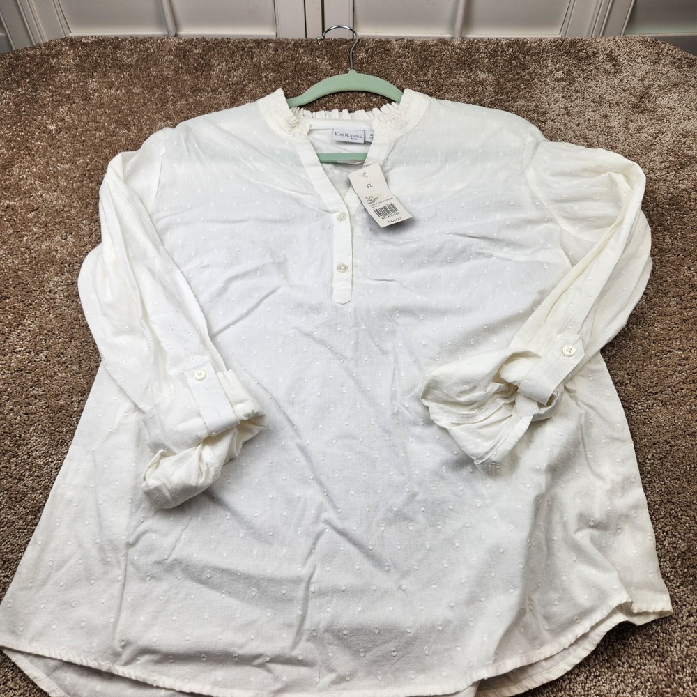 Kim Rogers Petite White Cotton Clip Dot Ruffle‎ Collar Roll Tab Blouse PL NEW